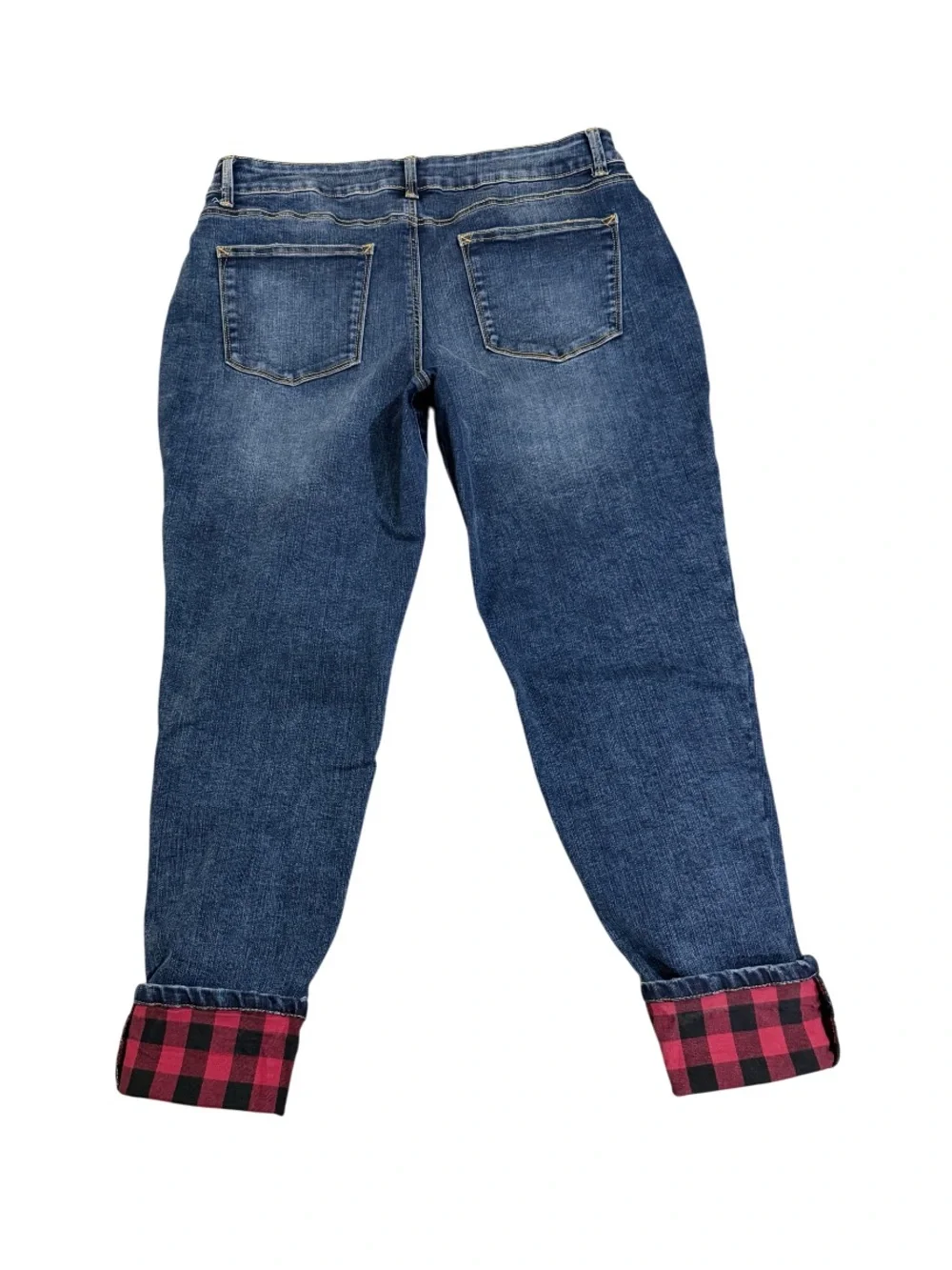 Maurices Blue Boyfriend Jeans with Red Plaid Cuffs